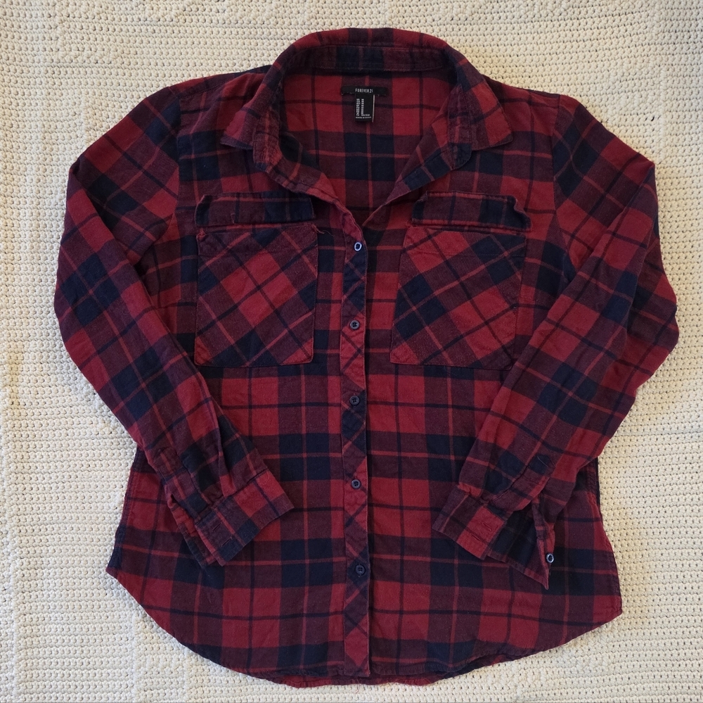 Forever 21 Red and Blue Plaid Shirt Size M
